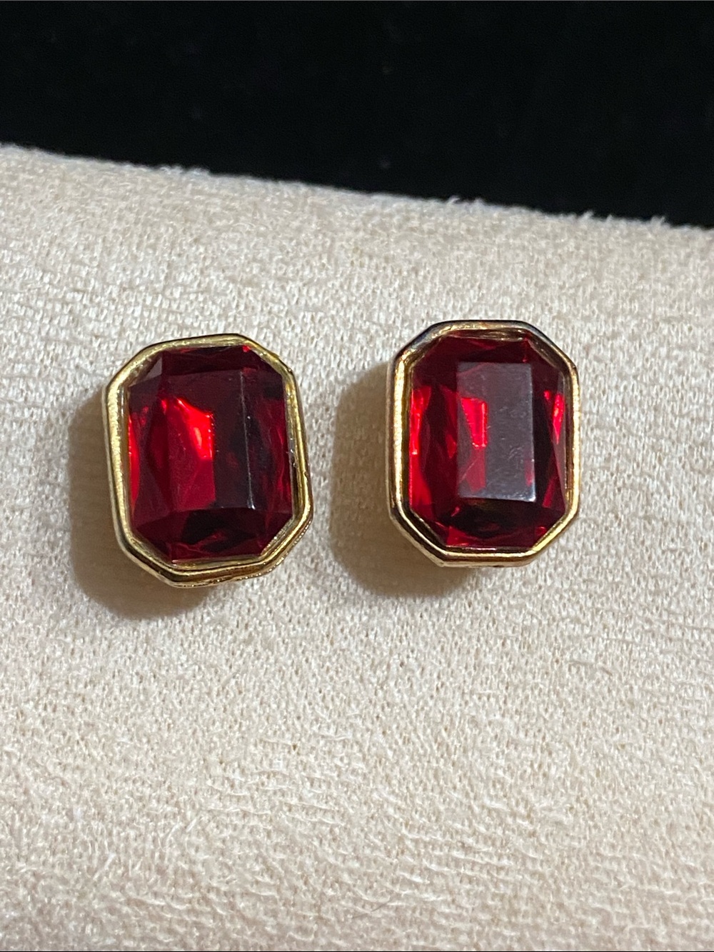 Red Octagon Crystal Stud Earrings - Gold Setting - Picture 2 of 7